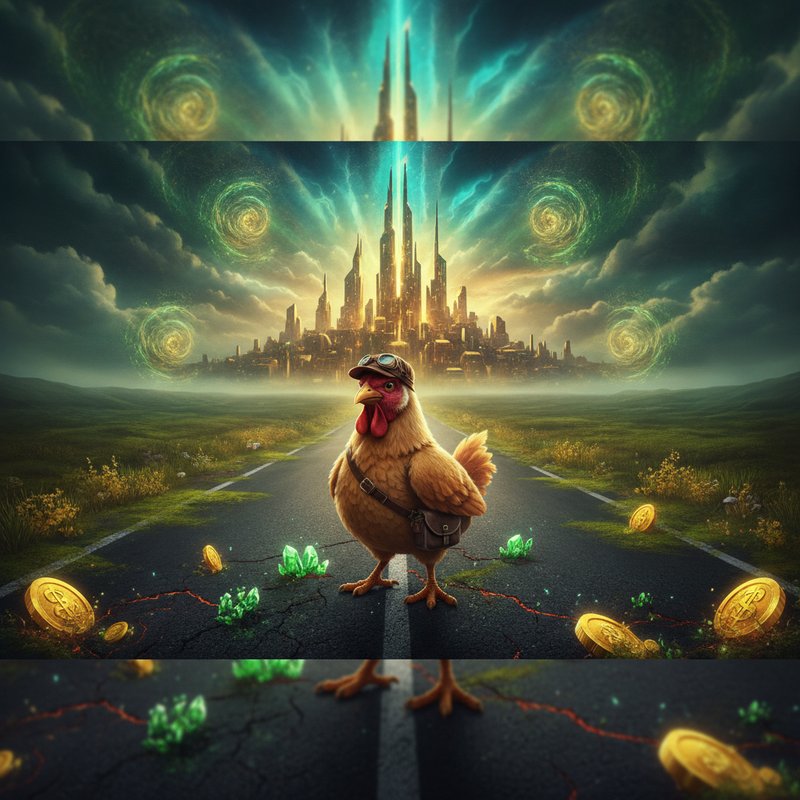 Chicken Road 2 de InOut : une poule coiffée d'un casque d'aviateur et portant une sacoche se tient au milieu d'une route fissurée, des pièces d'or et des cristaux verts jonchent le bitume, une ville dorée se dessine à l'horizon sous des nuages sombres